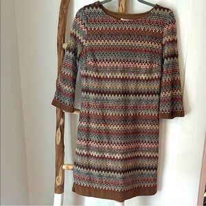 Studio One Multicolor Knit 3/4 Sleeve Mini Dress with Brown Trim Size 10